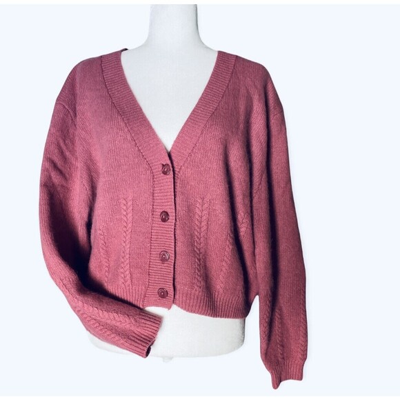 VTG Y2K OBR Lambswool Angora Blend Mauve Pink Cropped Boxy Cardigan Size Large L - Picture 2 of 10
